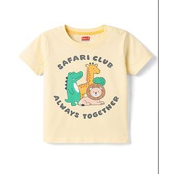 Babyhug Single Jersey Knit Half Sleeves T-Shirt & Denim Shorts Set with Animal Print - Yellow & Blue