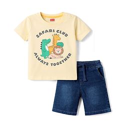 Babyhug Single Jersey Knit Half Sleeves T-Shirt & Denim Shorts Set with Animal Print - Yellow & Blue