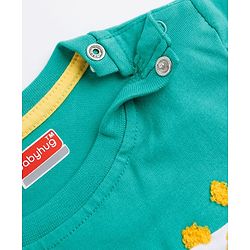Babyhug Single Jersey Knit Half Sleeves Striped T-Shirt & Denim Shorts Set With Sun Embroidery - Green & Blue