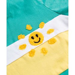 Babyhug Single Jersey Knit Half Sleeves Striped T-Shirt & Denim Shorts Set With Sun Embroidery - Green & Blue