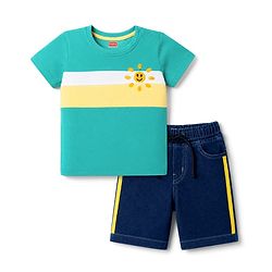 Babyhug Single Jersey Knit Half Sleeves Striped T-Shirt & Denim Shorts Set With Sun Embroidery - Green & Blue