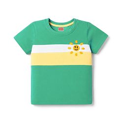 Babyhug Single Jersey Knit Half Sleeves Striped T-Shirt & Denim Shorts Set With Sun Embroidery - Green & Blue