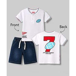 Babyhug Single Jersey Knit Half Sleeves T-Shirt & Denim Shorts Set With Ball Print - White & Blue