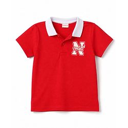 Babyhug 100% Cotton Knit Half Sleeves Text Printed Polo T-Shirt & Denim Shorts Set - Red & Blue