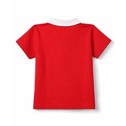 Babyhug 100% Cotton Knit Half Sleeves Text Printed Polo T-Shirt & Denim Shorts Set - Red & Blue