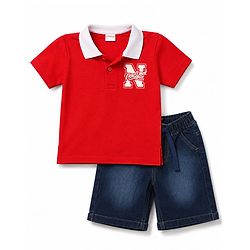 Babyhug 100% Cotton Knit Half Sleeves Text Printed Polo T-Shirt & Denim Shorts Set - Red & Blue