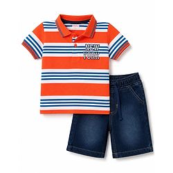Babyhug Single Jersey Knit Half Sleeves Striped Polo T-Shirt & Denim Shorts With Text Embroidery Detailing - Multicolor