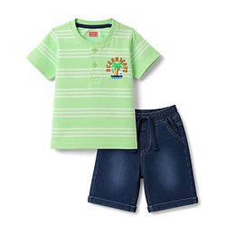 Babyhug Single Jersey Knit Half Sleeves Henley Neck Striped T-Shirt & Denim Shorts Set With Tree Print - Green & Blue