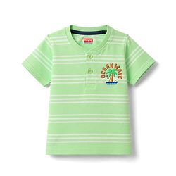 Babyhug Single Jersey Knit Half Sleeves Henley Neck Striped T-Shirt & Denim Shorts Set With Tree Print - Green & Blue
