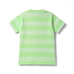 Babyhug Single Jersey Knit Half Sleeves Henley Neck Striped T-Shirt & Denim Shorts Set With Tree Print - Green & Blue