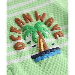 Babyhug Single Jersey Knit Half Sleeves Henley Neck Striped T-Shirt & Denim Shorts Set With Tree Print - Green & Blue