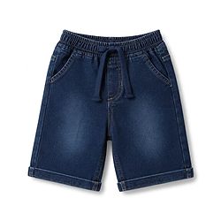 Babyhug Single Jersey Knit Half Sleeves Henley Neck Striped T-Shirt & Denim Shorts Set With Tree Print - Green & Blue