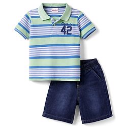 Babyhug Single Jersey Knit Half Sleeves Striped Polo T-Shirt & Shorts Set with Number Embroidery - Multicolor