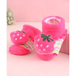 Cute Walk by Babyhug Fabric Socks With Large Strawberry Applique - Dark Pink