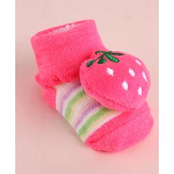 Cute Walk by Babyhug Fabric Socks With Large Strawberry Applique - Dark Pink
