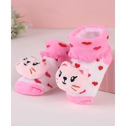 Cute Walk by Babyhug Sock Shoes with Kitty Applique & Heart Design - Pink