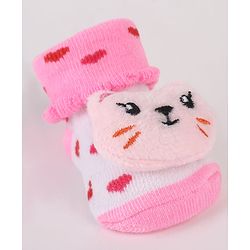 Cute Walk by Babyhug Sock Shoes with Kitty Applique & Heart Design - Pink