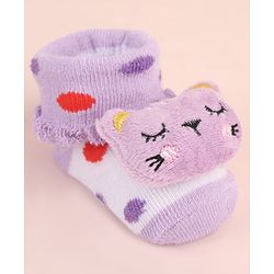 Cute Walk by Babyhug Sock Shoes with Kitty Applique & Polka Dot Design - Purple