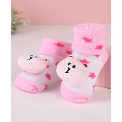 Cute Walk by Babyhug Sock Shoes with Bear Applique & Star Design - Pink