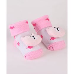 Cute Walk by Babyhug Sock Shoes with Bear Applique & Star Design - Pink