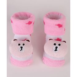 Cute Walk by Babyhug Sock Shoes with Bear Applique & Star Design - Pink