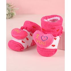 Cute Walk by Babyhug Sock Shoes with Heart Applique & Design - Dark Pink