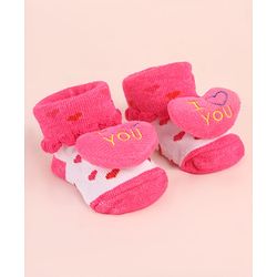 Cute Walk by Babyhug Sock Shoes with Heart Applique & Design - Dark Pink