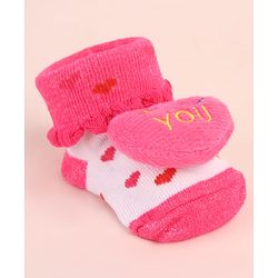 Cute Walk by Babyhug Sock Shoes with Heart Applique & Design - Dark Pink