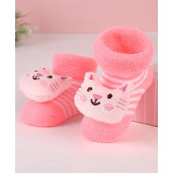 Cute Walk by Babyhug Ankle Length Socks Shoes With Stripes & Kitty Applique - Pink