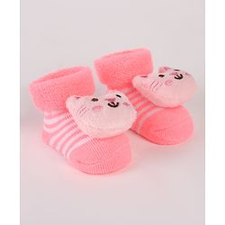 Cute Walk by Babyhug Ankle Length Socks Shoes With Stripes & Kitty Applique - Pink