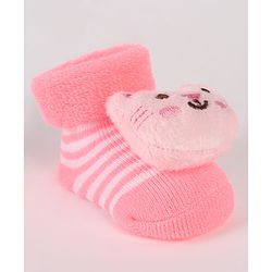 Cute Walk by Babyhug Ankle Length Socks Shoes With Stripes & Kitty Applique - Pink
