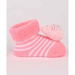 Cute Walk by Babyhug Ankle Length Socks Shoes With Stripes & Kitty Applique - Pink