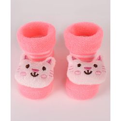 Cute Walk by Babyhug Ankle Length Socks Shoes With Stripes & Kitty Applique - Pink
