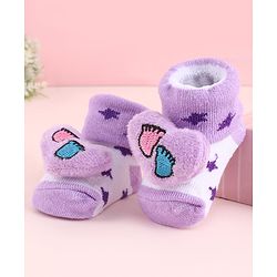 Cute Walk by Babyhug Fabric Socks Shoes With Star Print & Large Heart Applique - Purple
