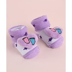 Cute Walk by Babyhug Fabric Socks Shoes With Star Print & Large Heart Applique - Purple