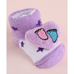 Cute Walk by Babyhug Fabric Socks Shoes With Star Print & Large Heart Applique - Purple