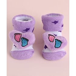 Cute Walk by Babyhug Fabric Socks Shoes With Star Print & Large Heart Applique - Purple