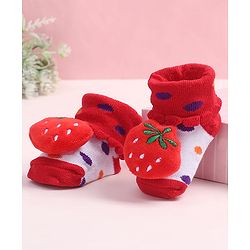 Cute Walk by Babyhug Fabric Ankle Length Socks Shoes with Polka Dots Design & Strawberry Applique- Red & White