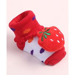 Cute Walk by Babyhug Fabric Ankle Length Socks Shoes with Polka Dots Design & Strawberry Applique- Red & White