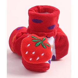 Cute Walk by Babyhug Fabric Ankle Length Socks Shoes with Polka Dots Design & Strawberry Applique- Red & White