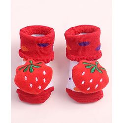 Cute Walk by Babyhug Fabric Ankle Length Socks Shoes with Polka Dots Design & Strawberry Applique- Red & White