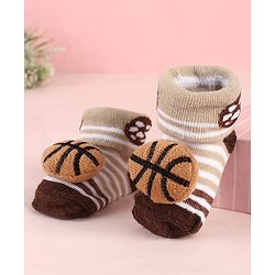 Cute Walk by Babyhug Sock Shoes with Ball Applique & Stripes - Brown