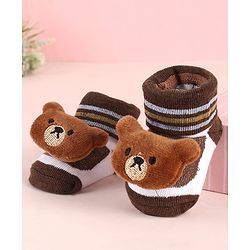 Cute Walk by Babyhug Sock Shoes with Bear Applique & Stripes - Brown