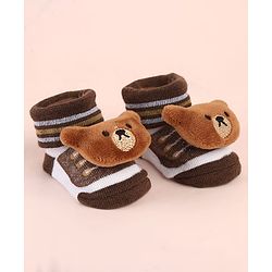 Cute Walk by Babyhug Sock Shoes with Bear Applique & Stripes - Brown