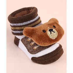 Cute Walk by Babyhug Sock Shoes with Bear Applique & Stripes - Brown