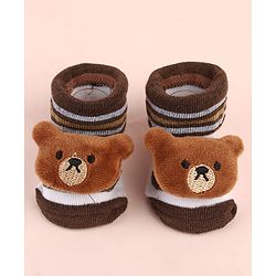 Cute Walk by Babyhug Sock Shoes with Bear Applique & Stripes - Brown