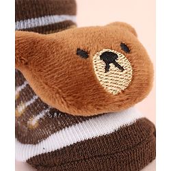 Cute Walk by Babyhug Sock Shoes with Bear Applique & Stripes - Brown
