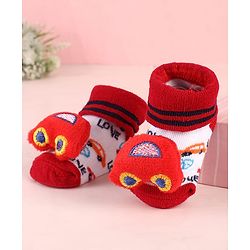 Cute Walk by Babyhug Sock Shoes with Car Applique & Design - Red
