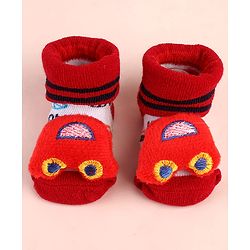 Cute Walk by Babyhug Sock Shoes with Car Applique & Design - Red