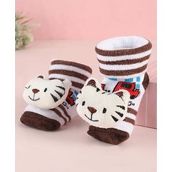 Cute Walk by Babyhug Ankle Length Socks Shoes With Tiger Applique Stripes & Vehicles Design- Brown